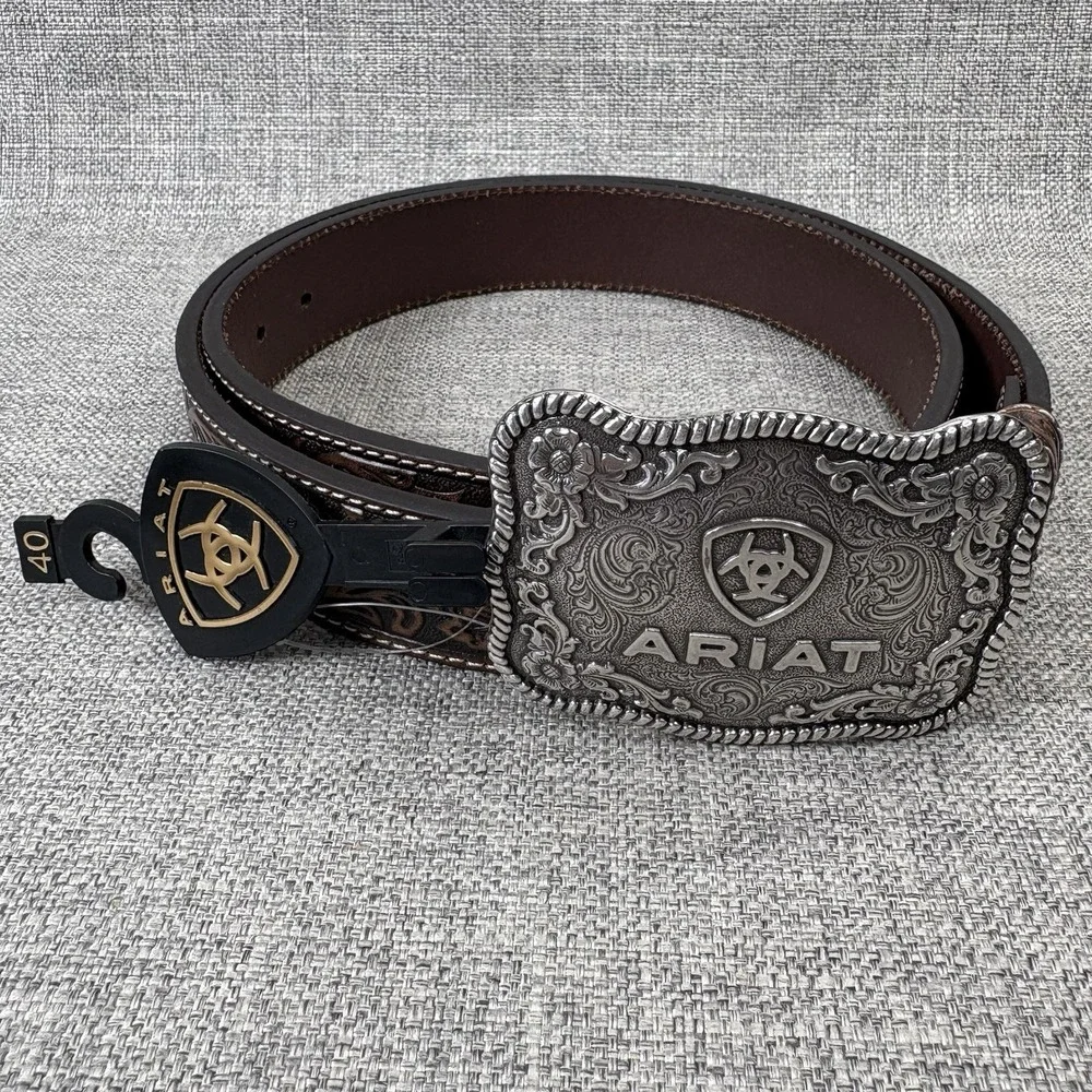 Ariat Mens Brown Floral Tooled Genuine Leather Belt Silver Trophy Buckle NWT